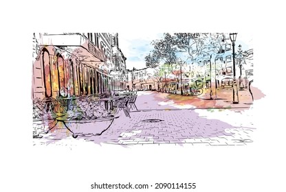 Building view with landmark of Llucmajor is the 
municipality in Spain. Watercolor splash with hand drawn sketch illustration in vector.