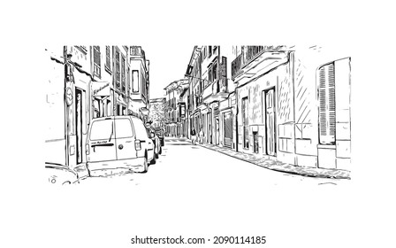 Building view with landmark of Llucmajor is the 
municipality in Spain. Hand drawn sketch illustration in vector.