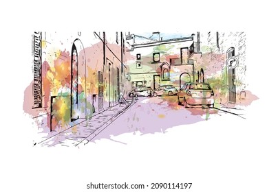 Building view with landmark of Llucmajor is the 
municipality in Spain. Watercolor splash with hand drawn sketch illustration in vector.