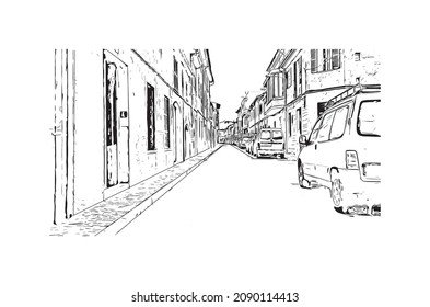 Building view with landmark of Llucmajor is the 
municipality in Spain. Hand drawn sketch illustration in vector.