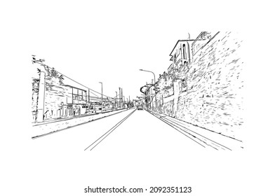 Building view with landmark of Loano is the 
comune in Italy. Hand drawn sketch  illustration in  vector.