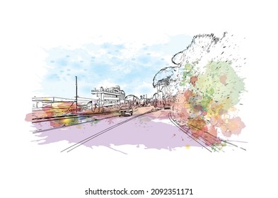 La vista de edificio con un punto de referencia de Loano es la 
comune en Italia. Salto de color de agua con ilustración de esbozo dibujada a mano en vector.