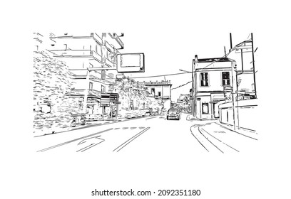 La vista de edificio con un punto de referencia de Loano es la 
comune en Italia. Dibujo a mano de ilustración de esbozo en vector.