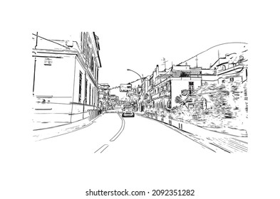 Building view with landmark of Loano is the 
comune in Italy. Hand drawn sketch  illustration in  vector.
