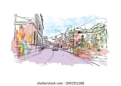 Building view with landmark of Loano is the 
comune in Italy. Watercolor splash with hand drawn sketch  illustration in  vector.