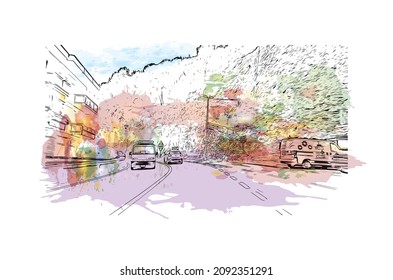 Building view with landmark of Loano is the 
comune in Italy. Watercolor splash with hand drawn sketch  illustration in  vector.