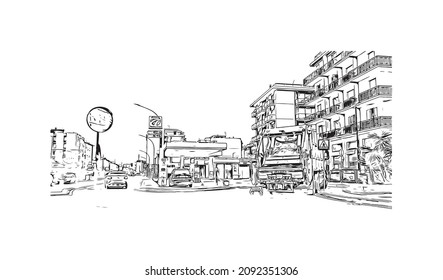 Building view with landmark of Loano is the 
comune in Italy. Hand drawn sketch  illustration in  vector.