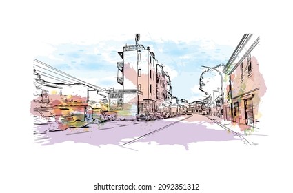 Building view with landmark of Loano is the 
comune in Italy. Watercolor splash with hand drawn sketch  illustration in  vector.