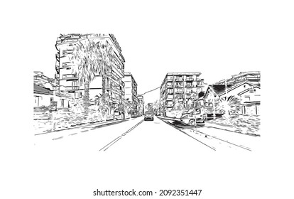 La vista de edificio con un punto de referencia de Loano es la 
comune en Italia. Dibujo a mano de ilustración de esbozo en vector.