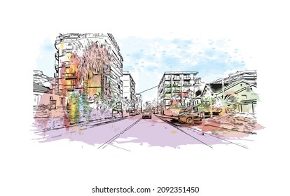 Building view with landmark of Loano is the 
comune in Italy. Watercolor splash with hand drawn sketch  illustration in  vector.