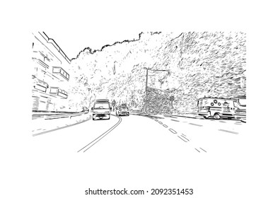Building view with landmark of Loano is the 
comune in Italy. Hand drawn sketch  illustration in  vector.
