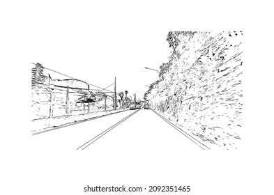 La vista de edificio con un punto de referencia de Loano es la 
comune en Italia. Dibujo a mano de ilustración de esbozo en vector.