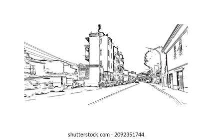 La vista de edificio con un punto de referencia de Loano es la 
comune en Italia. Dibujo a mano de ilustración de esbozo en vector.