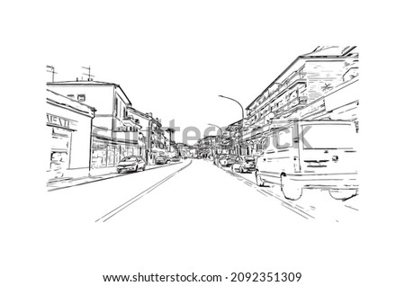 Building view with landmark of Loano is the 
comune in Italy. Hand drawn sketch  illustration in  vector.