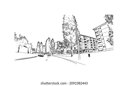 Building view with landmark of Locarno is the 
town in Switzerland. Hand drawn sketch illustration in vector.