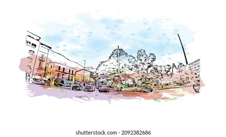 Building view with landmark of Locarno is the 
town in Switzerland. watercolor splash with hand drawn sketch illustration in vector.