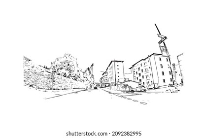 Building view with landmark of Locarno is the 
town in Switzerland. Hand drawn sketch illustration in vector.