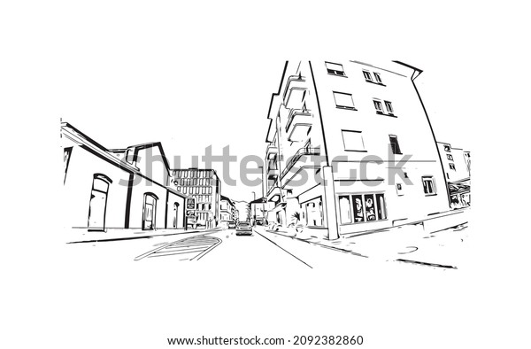 Building view with
landmark of Locarno is the 
town in Switzerland. Hand drawn sketch
illustration in
vector.