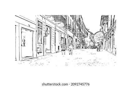 Building view with landmark of Lodi is the 
city in California. Hand drawn sketch illustration in vector.