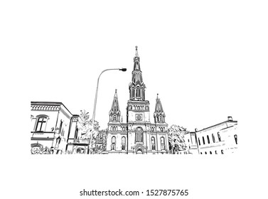 Building view with landmark of Lodz is a city in central Poland, known as a former textile-manufacturing hub. Hand drawn sketch illustration in vector.