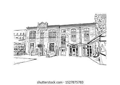 Building view with landmark of Lodz is a city in central Poland, known as a former textile-manufacturing hub. Hand drawn sketch illustration in vector.