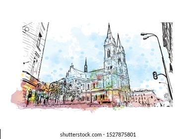 Building view with landmark of Lodz is a city in central Poland, known as a former textile-manufacturing hub. Watercolor splash with Hand drawn sketch illustration in vector.