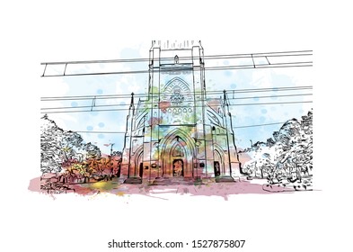 Building view with landmark of Lodz is a city in central Poland, known as a former textile-manufacturing hub. Watercolor splash with Hand drawn sketch illustration in vector.