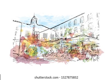 Building view with landmark of Lodz is a city in central Poland, known as a former textile-manufacturing hub. Watercolor splash with Hand drawn sketch illustration in vector.