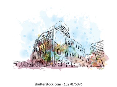 Building view with landmark of Lodz is a city in central Poland, known as a former textile-manufacturing hub. Watercolor splash with Hand drawn sketch illustration in vector.