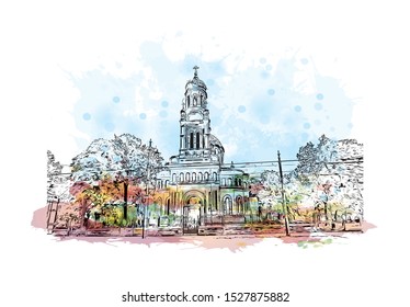 Building view with landmark of Lodz is a city in central Poland, known as a former textile-manufacturing hub. Watercolor splash with Hand drawn sketch illustration in vector.