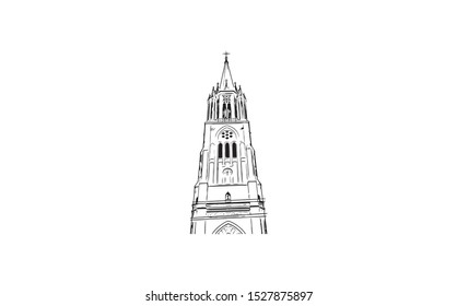 Building view with landmark of Lodz is a city in central Poland, known as a former textile-manufacturing hub. Hand drawn sketch illustration in vector.