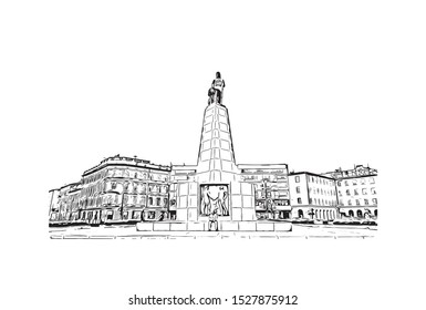 Building view with landmark of Lodz is a city in central Poland, known as a former textile-manufacturing hub. Hand drawn sketch illustration in vector.