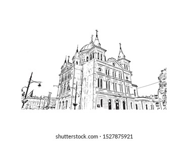 Building view with landmark of Lodz is a city in central Poland, known as a former textile-manufacturing hub. Hand drawn sketch illustration in vector.