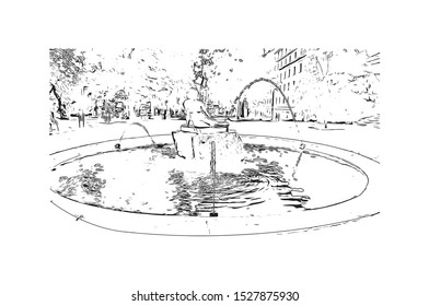 Building view with landmark of Lodz is a city in central Poland, known as a former textile-manufacturing hub. Hand drawn sketch illustration in vector.