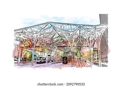 Building view with landmark of Lodz is the 
city in Poland. Watercolor splash with hand drawn sketch illustration in vector.