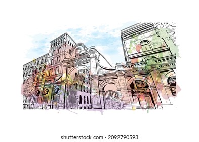 Building view with landmark of Lodz is the 
city in Poland. Watercolor splash with hand drawn sketch illustration in vector.