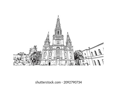 Building view with landmark of Lodz is the 
city in Poland. Hand drawn sketch illustration in vector.