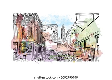 Building view with landmark of Lodz is the 
city in Poland. Watercolor splash with hand drawn sketch illustration in vector.