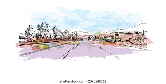 Construir vistas con un punto de referencia de Logan es la ciudad de Australia. Salto de color de agua con ilustración de esbozo dibujada a mano en vector.