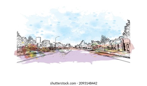 Building view with landmark of Logan is the city in Australia. Watercolor splash with hand drawn sketch illustration in vector.