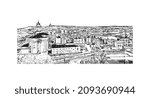 Building view with landmark Logrono is a city in northern Spain. Hand drawn sketch illustration in vector.