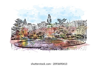 Building view with landmark Logrono is a city in northern Spain. Watercolor splash with hand drawn sketch illustration in vector.