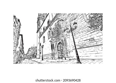Building view with landmark Logrono is a city in northern Spain. Hand drawn sketch illustration in vector.