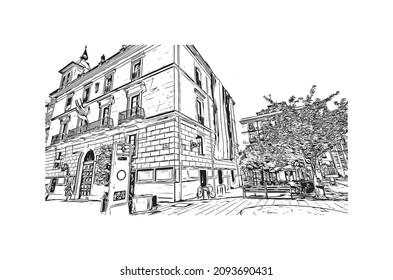 Building view with landmark Logrono is a city in northern Spain. Hand drawn sketch illustration in vector.