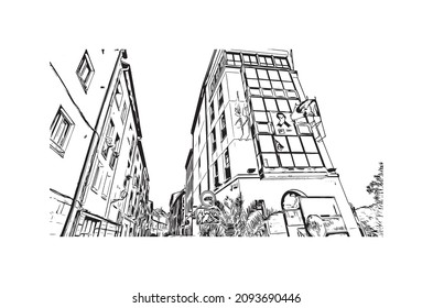 Building view with landmark Logrono is a city in northern Spain. Hand drawn sketch illustration in vector.