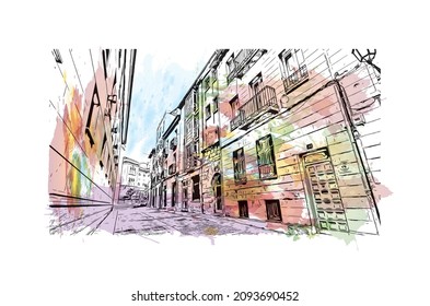 Building view with landmark Logrono is a city in northern Spain. Watercolor splash with hand drawn sketch illustration in vector.