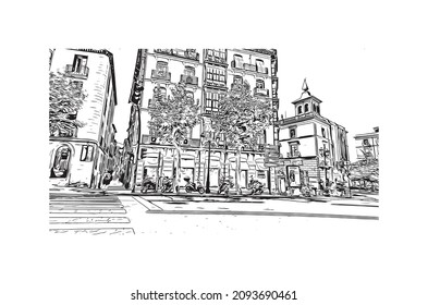 Building view with landmark Logrono is a city in northern Spain. Hand drawn sketch illustration in vector.