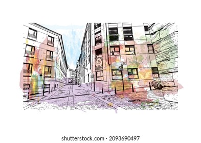 Building view with landmark Logrono is a city in northern Spain. Watercolor splash with hand drawn sketch illustration in vector.