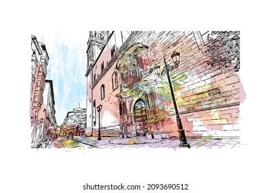 Building view with landmark Logrono is a city in northern Spain. Watercolor splash with hand drawn sketch illustration in vector.
