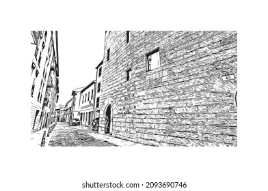 Building view with landmark Logrono is a city in northern Spain. Hand drawn sketch illustration in vector.